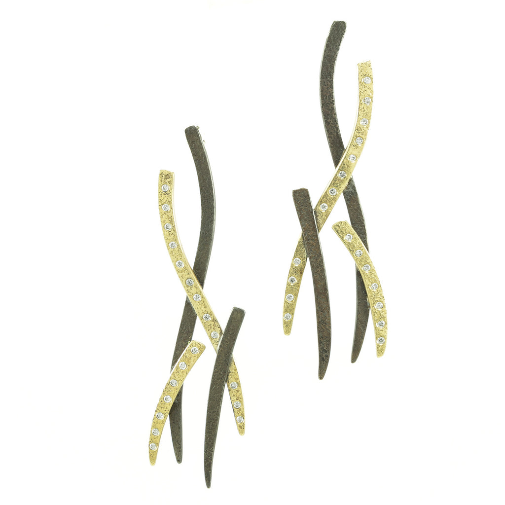 14K Gold & Sterling Silver Woven Earrings with White Diamonds - Hozoni Designs