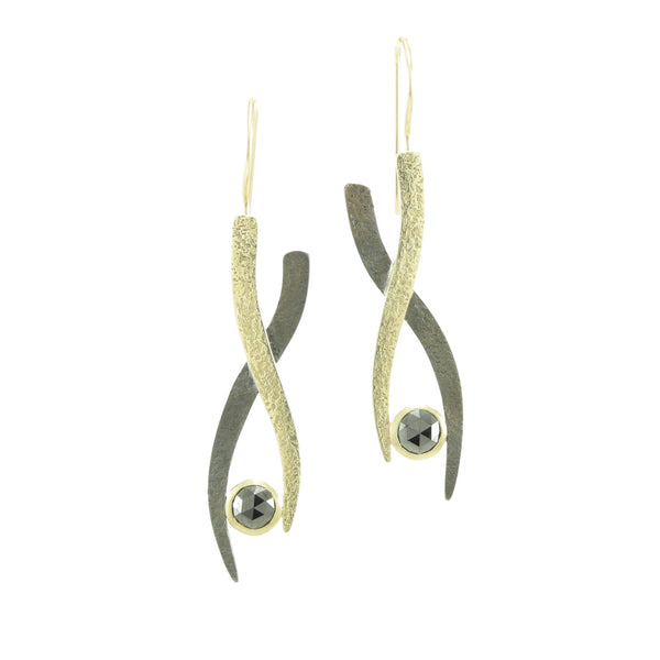 14K Gold & Sterling Silver Small Woven Earrings with Black Diamonds - Hozoni Designs