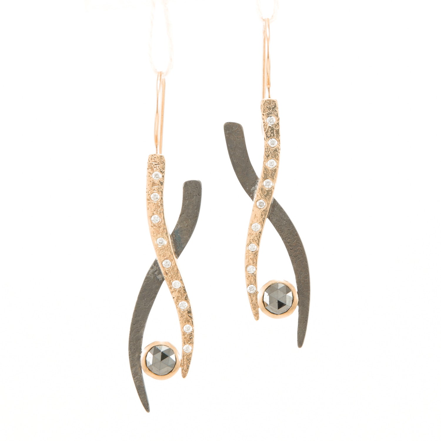14K Gold &amp; Sterling Silver Small Woven Earrings with Black and White Diamonds - Hozoni Designs
