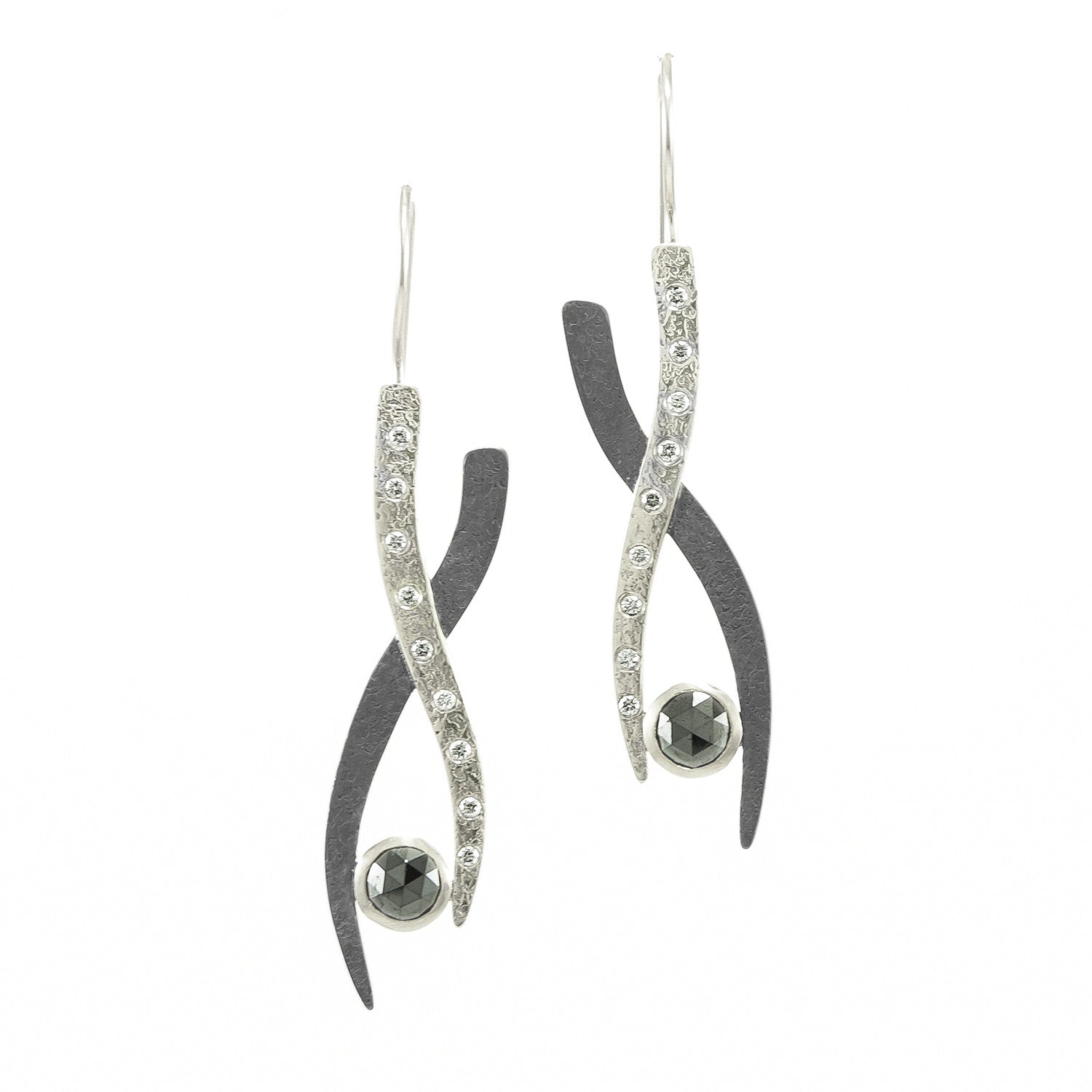 14K Gold &amp; Sterling Silver Small Woven Earrings with Black and White Diamonds - Hozoni Designs