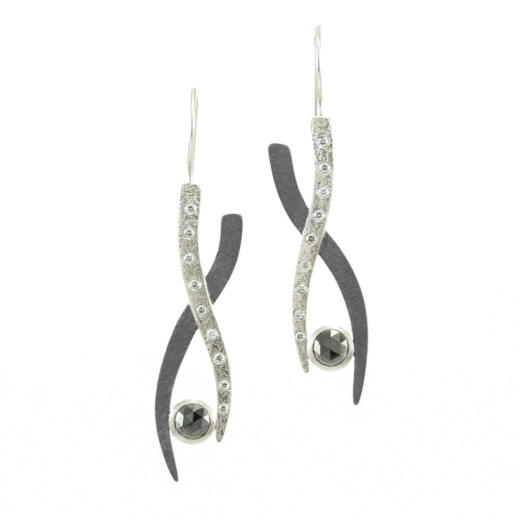 14K Gold & Sterling Silver Small Woven Earrings with Black and White Diamonds - Hozoni Designs