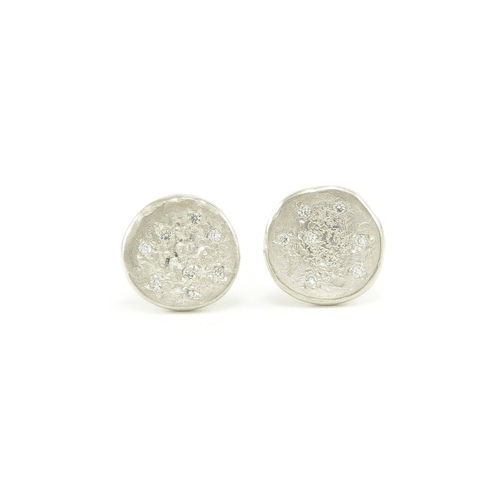 14K White Gold Organic Stud Earrings With White Diamonds - Hozoni Designs