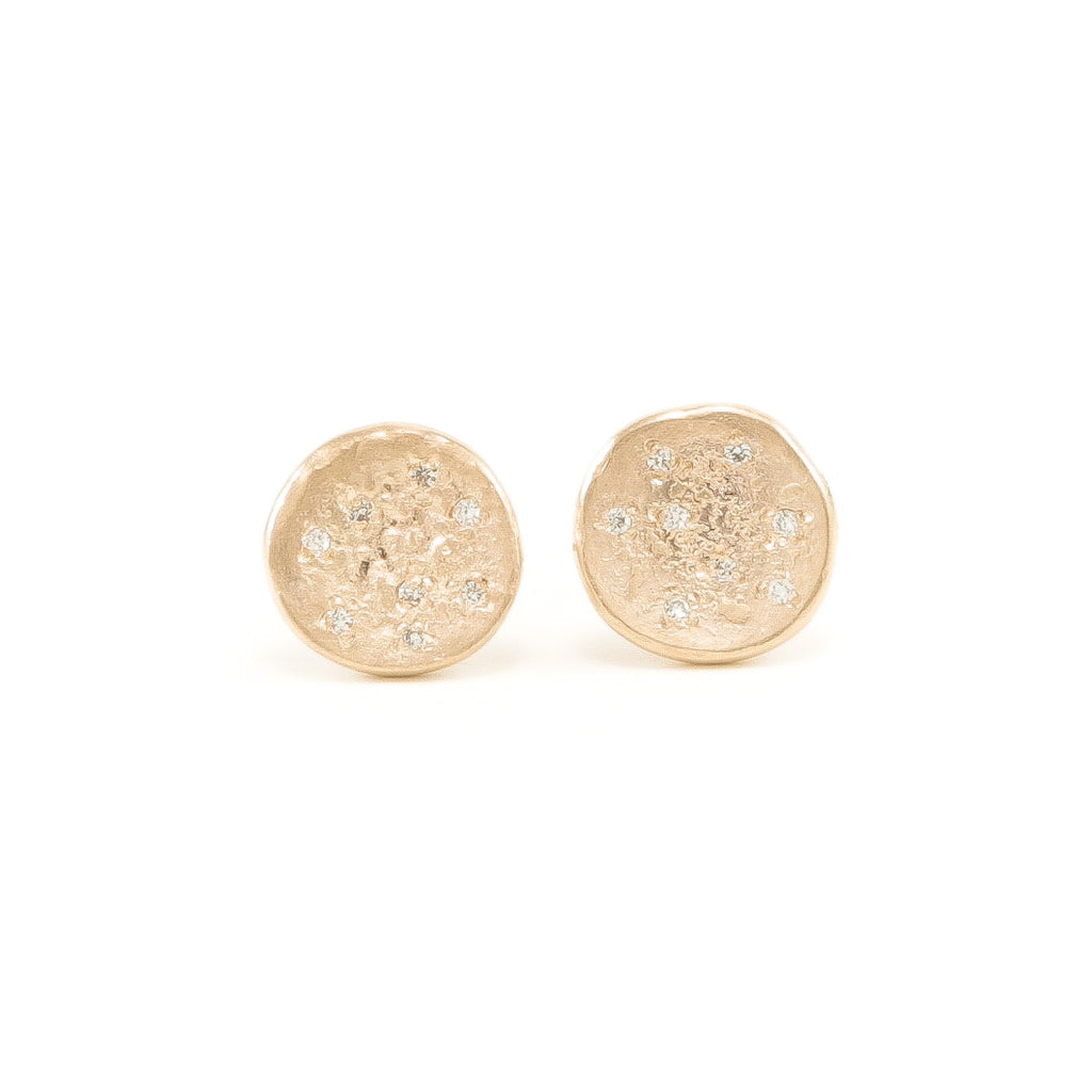 14K Gold Organic Stud Earrings With White Diamonds - Hozoni Designs