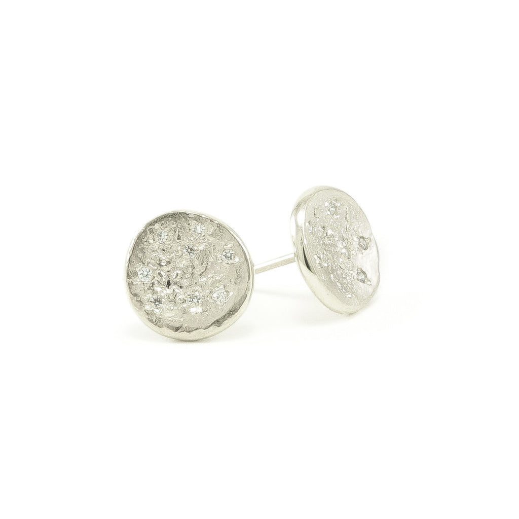 14K White Gold Organic Stud Earrings With White Diamonds - Hozoni Designs