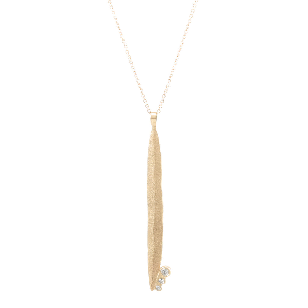 14K Gold Long Leaf Necklace with Diamonds - Hozoni Designs