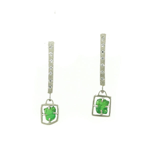 14K White Gold Rough Tsavorite Garnet and Diamond Earrings - Hozoni Designs