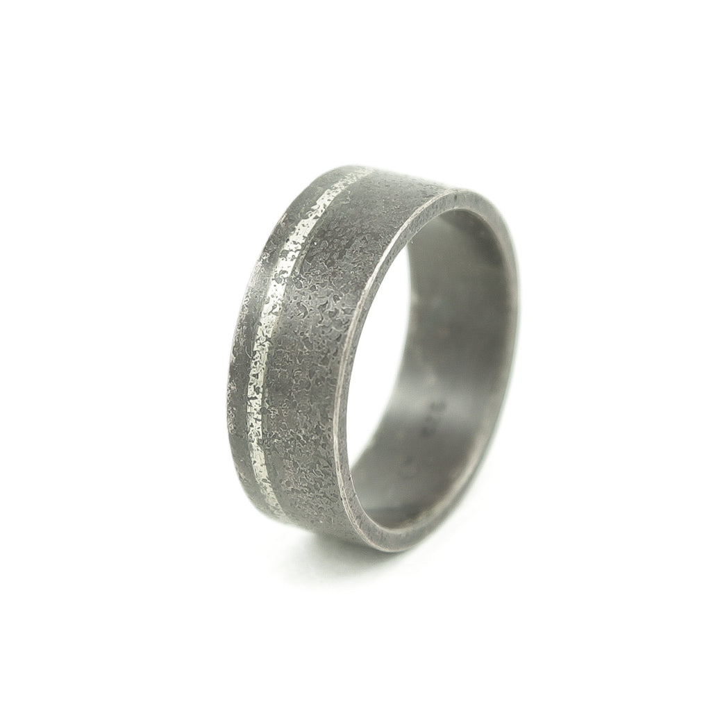 Men's Sterling Silver Rustic Band with 14K White Gold Inlay - Hozoni Designs