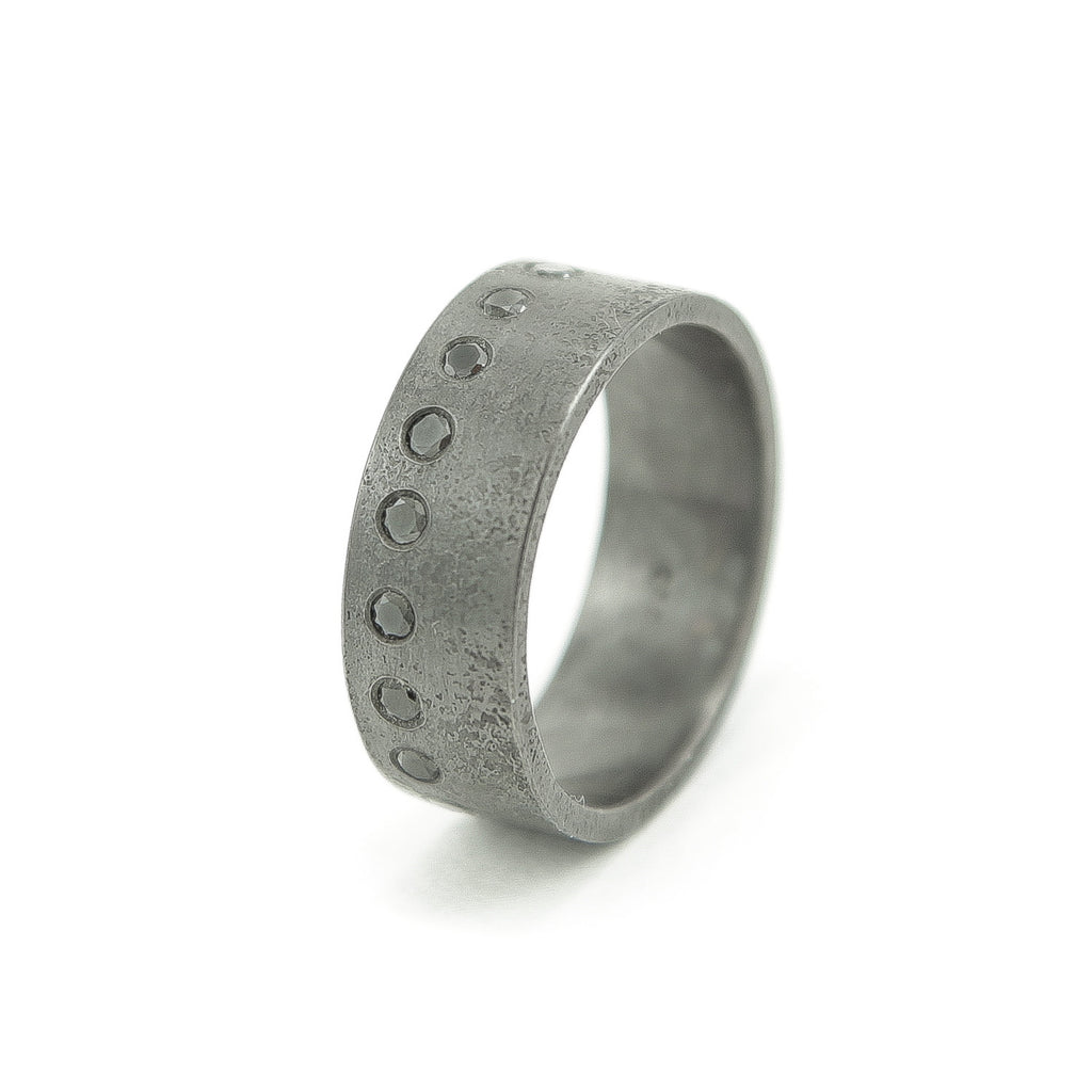 Men's Sterling Silver Rustic Band with Flush Set Round Black Diamonds - Hozoni Designs