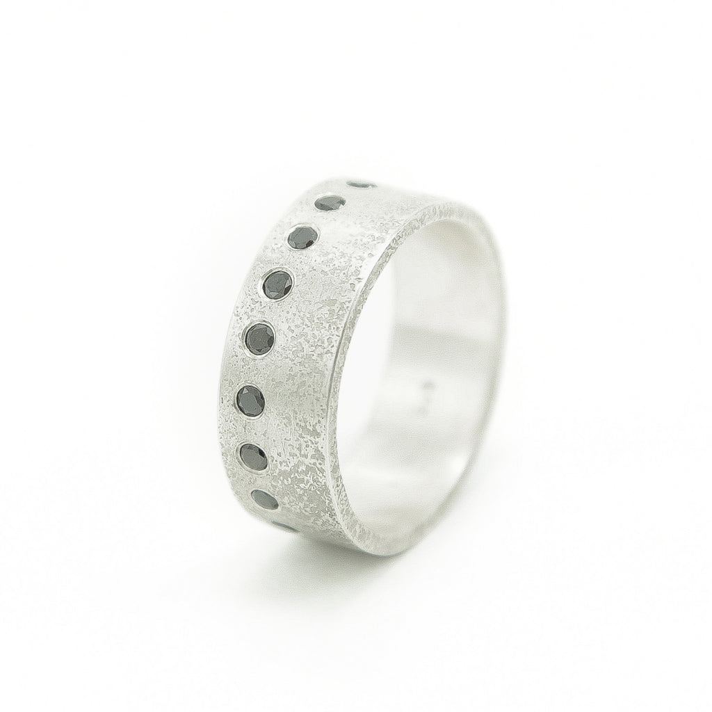 Men's Sterling Silver Rustic Band with Flush Set Round Black Diamonds - Hozoni Designs