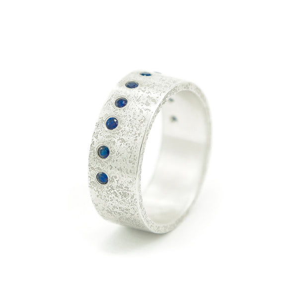 Men's Sterling Silver Rustic Band with Flush Set Round Sapphires - Hozoni Designs