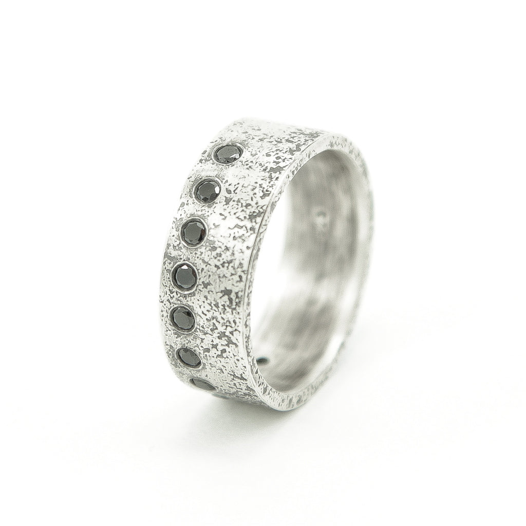 Men's Sterling Silver Rustic Band with Flush Set Round Black Diamonds - Hozoni Designs