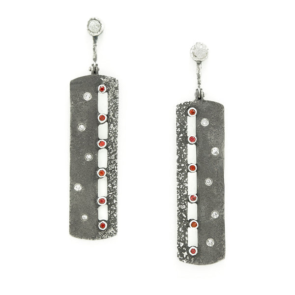 Sterling Silver Earrings with Orange-Red Sapphires and White Diamonds - Hozoni Designs
