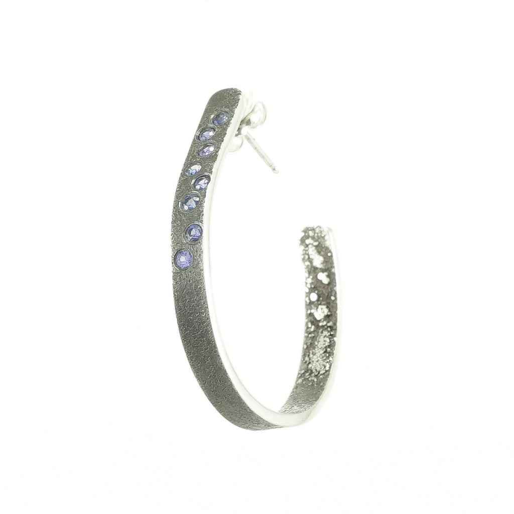 Sterling Silver Organic Hoop Earrings with Flush Set Sapphires - Hozoni Designs