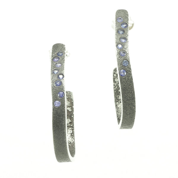 Sterling Silver Organic Hoop Earrings with Flush Set Sapphires - Hozoni Designs